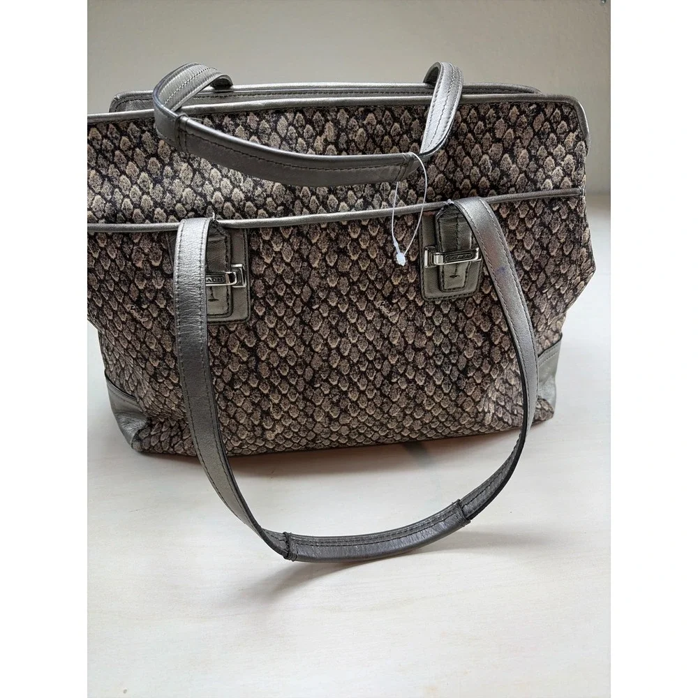 Coach Snakeskin Print Canvas Metallic Leather Trim Shoulder Bag Tote Pewter